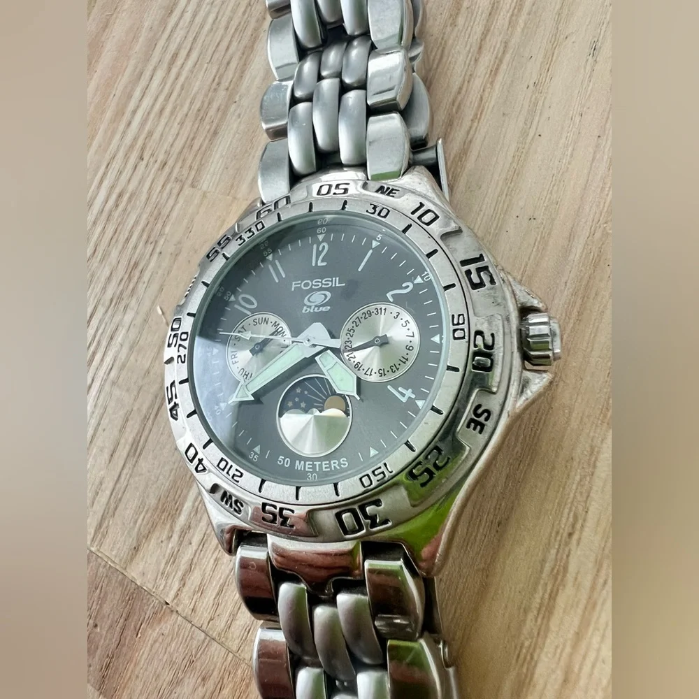 Fossil Blue Mens stainless steel moon phase watch NEW BATTERY